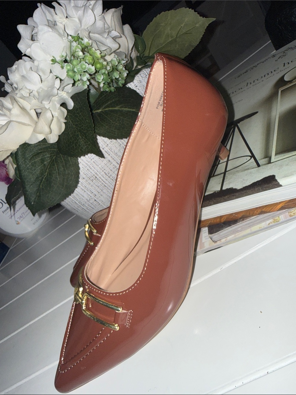 Journee Collection Rust Brown Pointed Toe Kitten Heel Loafer with Gold Buckle - Picture 6 of 8